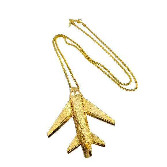 Vintage Kenneth Lane Textured Matte Gold Airplane Pendant/Brooch Necklace - Picture 1 of 5